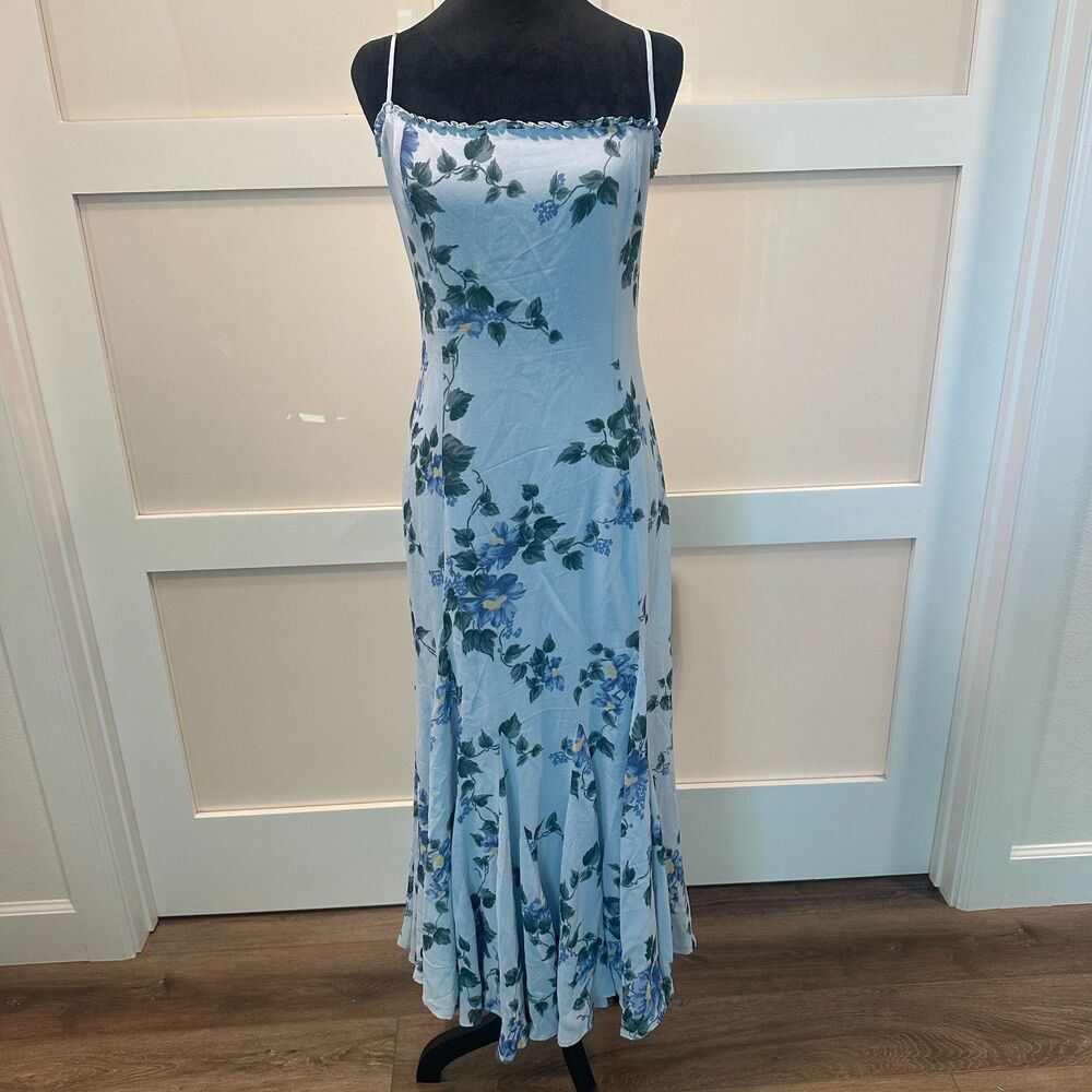 NWT Reformation Blue Floral Ruffle Spaghetti Strap Midi Dress Size 12